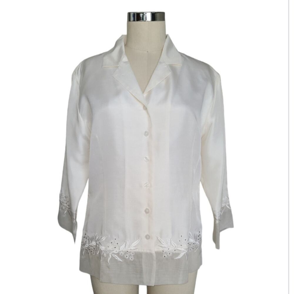 NWT Silkland Silk Beaded Embroidered Sheer Top M Cream Spring Blouse Feminine